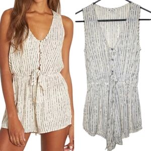 Billabong Summer Solstice Printed Tie-Front Romper Cream Black Stripe Size Small
